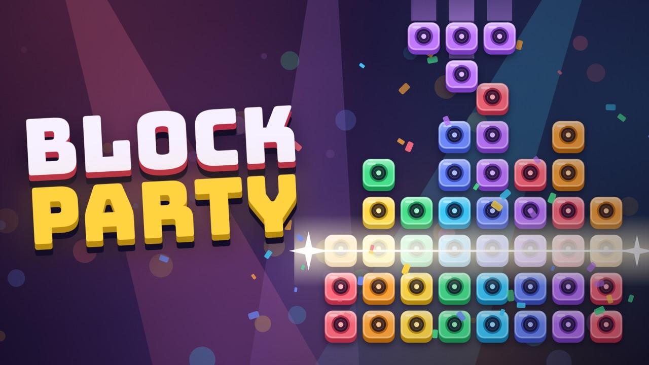 Block Party: glossy speaker blocks stacked on a neon dance floor, one row clearing in a flash of light